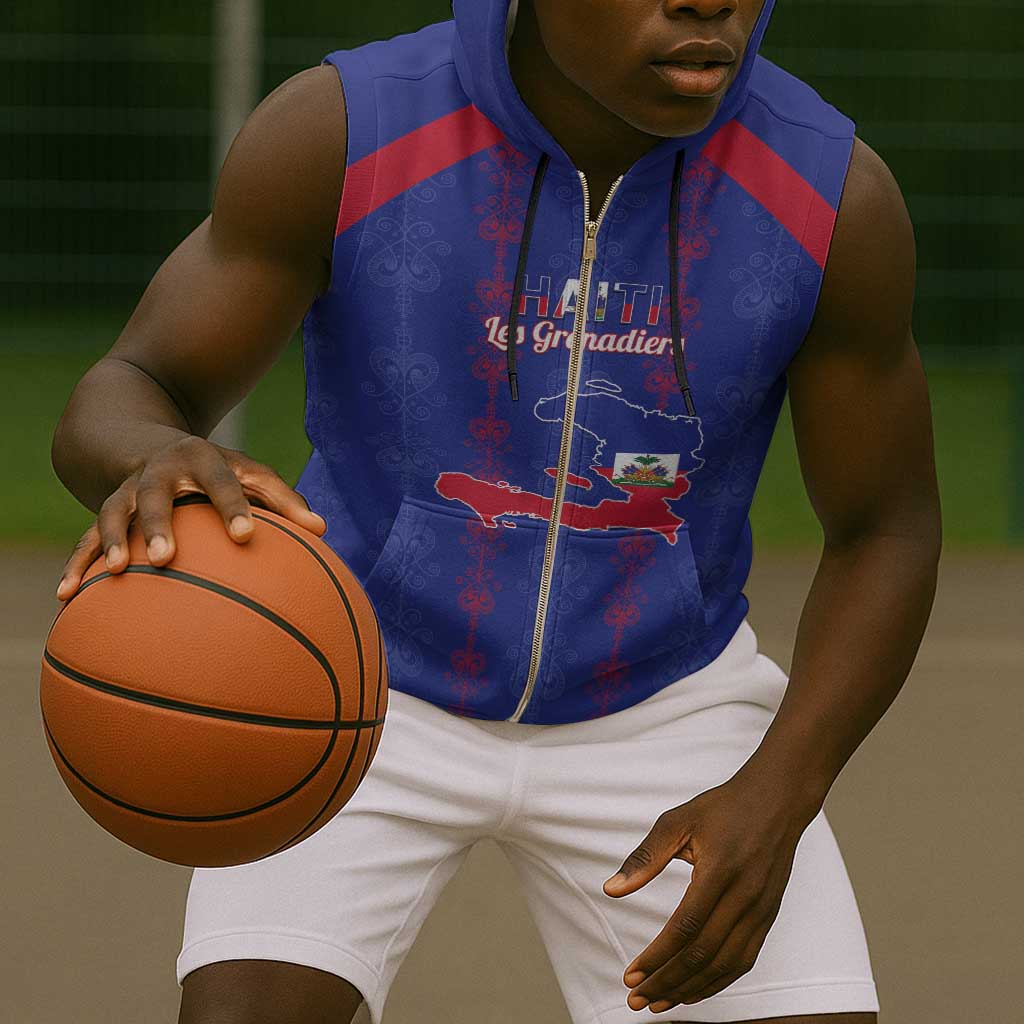 Custom Haiti Football Sleeveless Zip Hoodie Les Grenadiers Veve Vodou Blue - African Pride