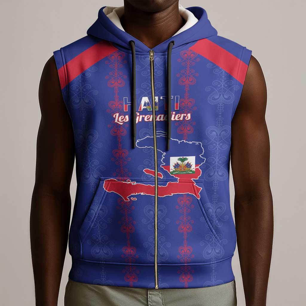 Custom Haiti Football Sleeveless Zip Hoodie Les Grenadiers Veve Vodou Blue - African Pride