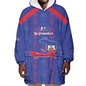 Custom Haiti Football Wearable Blanket Hoodie Les Grenadiers Veve Vodou Blue - African Pride