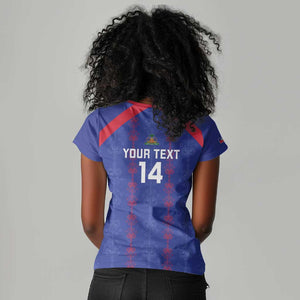 Custom Haiti Football Women V-Neck T-Shirt Les Grenadiers Veve Vodou Blue - African Pride
