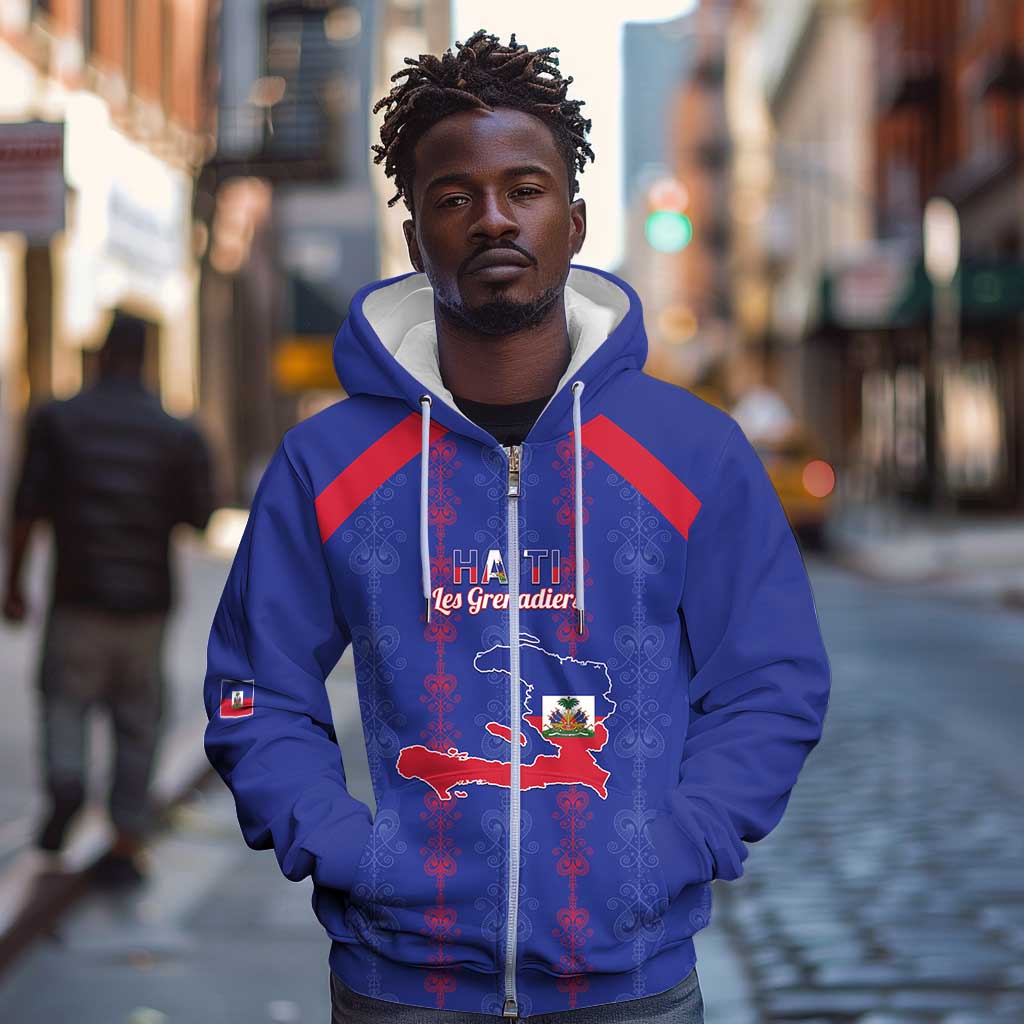 Custom Haiti Football Zip Hoodie Les Grenadiers Veve Vodou Blue - African Pride