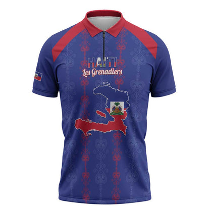 Custom Haiti Football Zipper Polo Shirt Les Grenadiers Veve Vodou Blue
