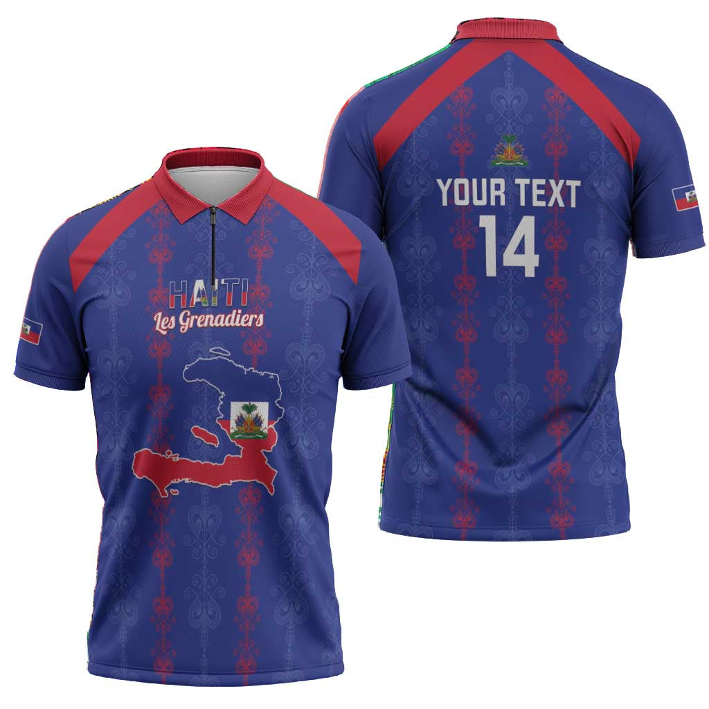 Custom Haiti Football Zipper Polo Shirt Les Grenadiers Veve Vodou Blue