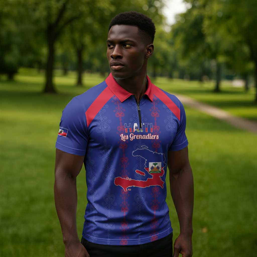 Custom Haiti Football Zipper Polo Shirt Les Grenadiers Veve Vodou Blue