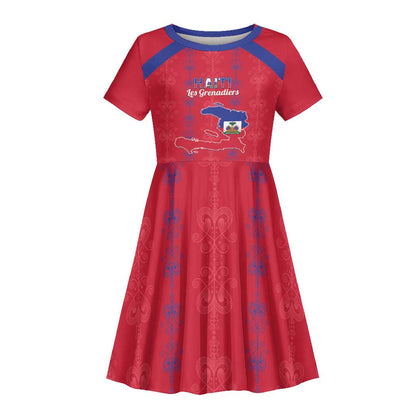 Custom Haiti Football Kid Short Sleeve Dress Les Grenadiers Veve Vodou Red - African Pride
