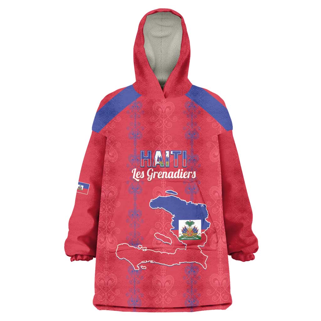 Custom Haiti Football Kid Wearable Blanket Hoodie Les Grenadiers Veve Vodou Red - African Pride