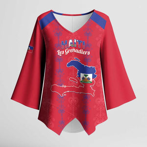 Custom Haiti Football Kimono Sleeve Blouse Les Grenadiers Veve Vodou Red