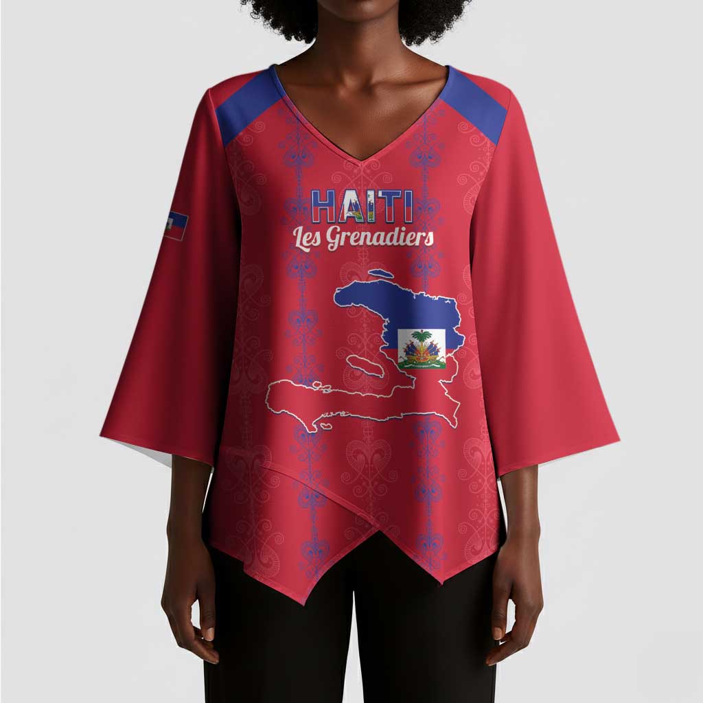 Custom Haiti Football Kimono Sleeve Blouse Les Grenadiers Veve Vodou Red
