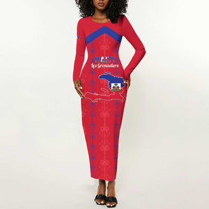 Custom Haiti Football Long Sleeve Bodycon Dress Les Grenadiers Veve Vodou Red - African Pride
