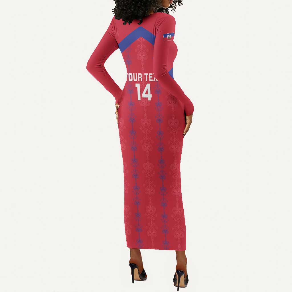 Custom Haiti Football Long Sleeve Bodycon Dress Les Grenadiers Veve Vodou Red - African Pride