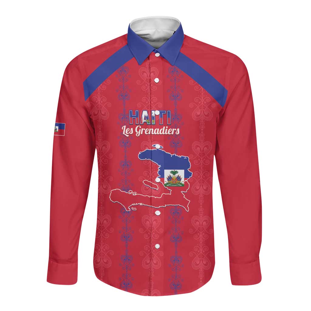 Custom Haiti Football Long Sleeve Button Shirt Les Grenadiers Veve Vodou Red - African Pride