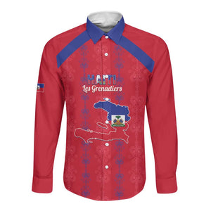 Custom Haiti Football Long Sleeve Button Shirt Les Grenadiers Veve Vodou Red - African Pride