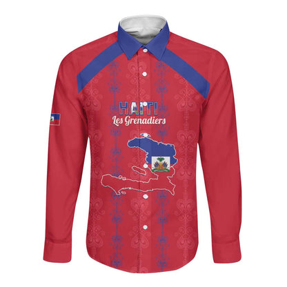 Custom Haiti Football Long Sleeve Button Shirt Les Grenadiers Veve Vodou Red - African Pride