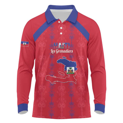 Custom Haiti Football Long Sleeve Polo Shirt Les Grenadiers Veve Vodou Red - African Pride