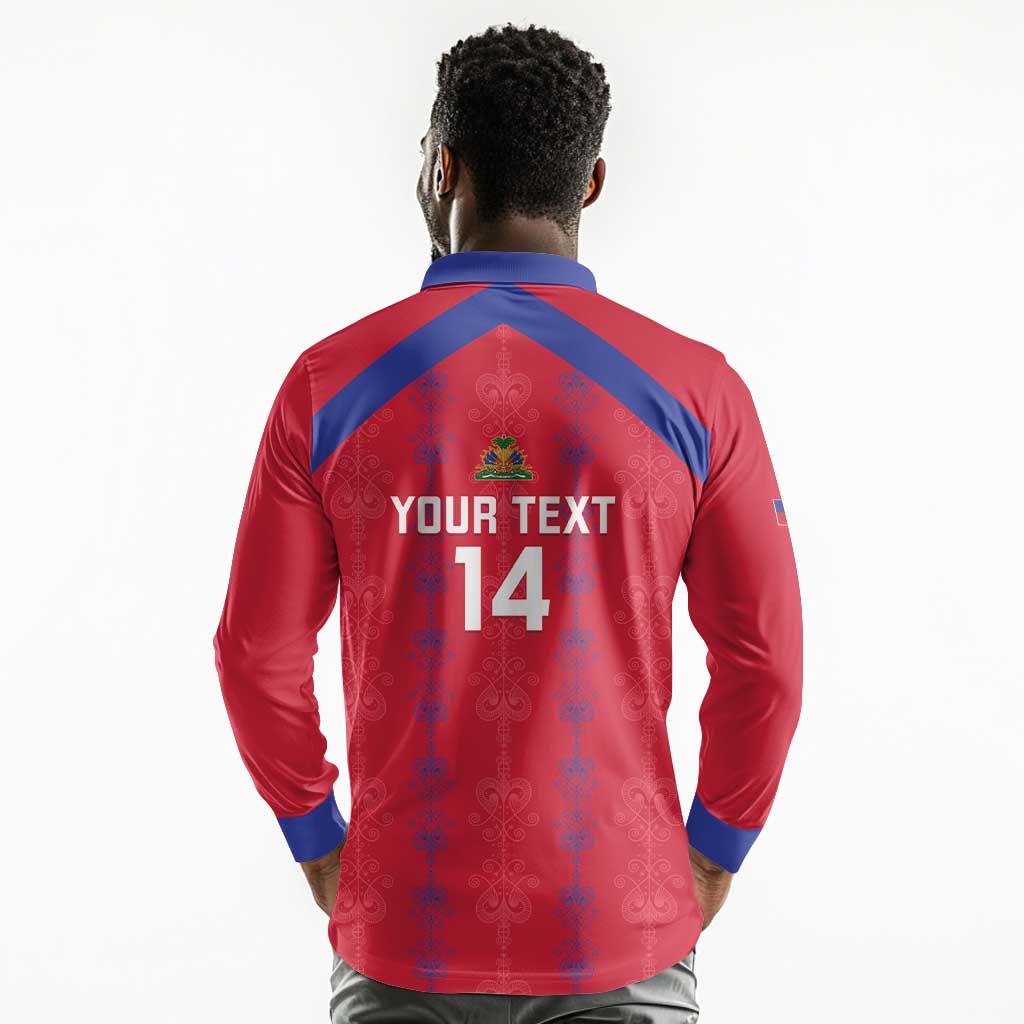 Custom Haiti Football Long Sleeve Polo Shirt Les Grenadiers Veve Vodou Red - African Pride