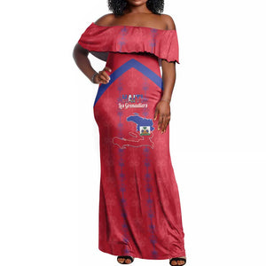 Custom Haiti Football Off Shoulder Maxi Dress Les Grenadiers Veve Vodou Red - African Pride