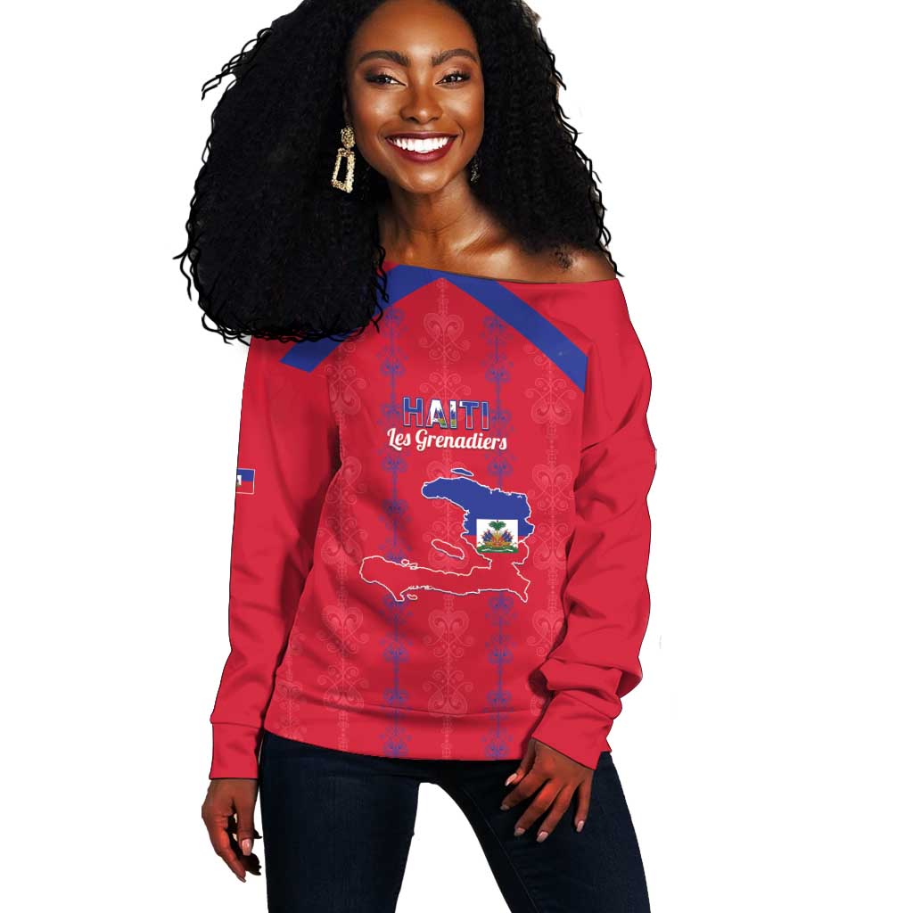 Custom Haiti Football Off Shoulder Sweater Les Grenadiers Veve Vodou Red - African Pride