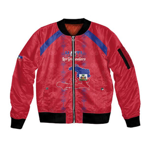 Custom Haiti Football Sleeve Zip Bomber Jacket Les Grenadiers Veve Vodou Red - African Pride