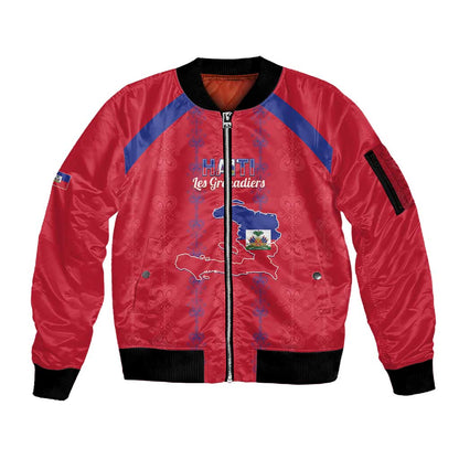 Custom Haiti Football Sleeve Zip Bomber Jacket Les Grenadiers Veve Vodou Red - African Pride