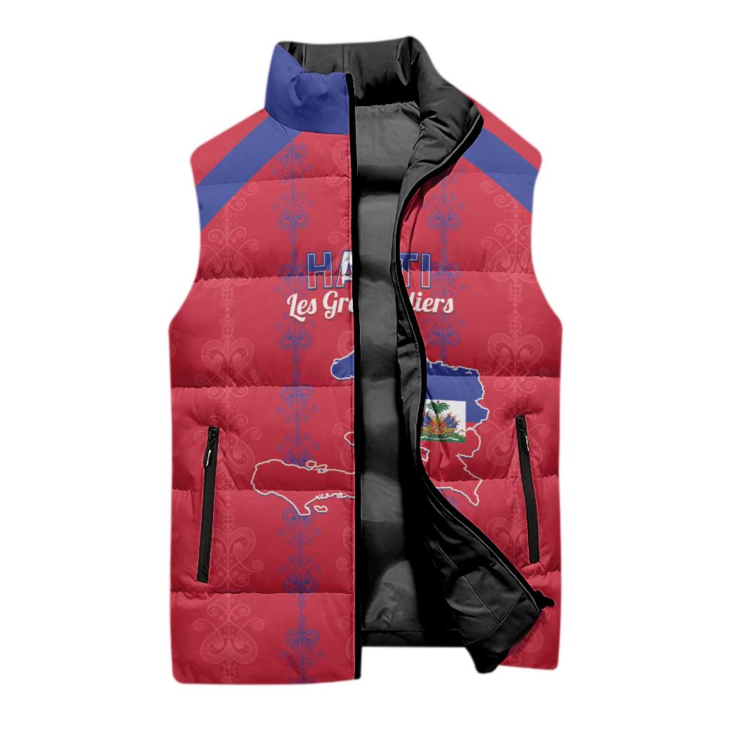 Custom Haiti Football Sleeveless Puffer Jacket Les Grenadiers Veve Vodou Red