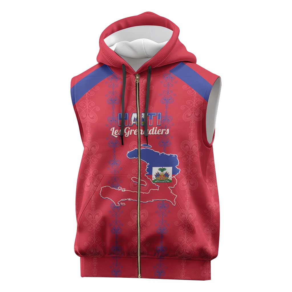 Custom Haiti Football Sleeveless Zip Hoodie Les Grenadiers Veve Vodou Red - African Pride