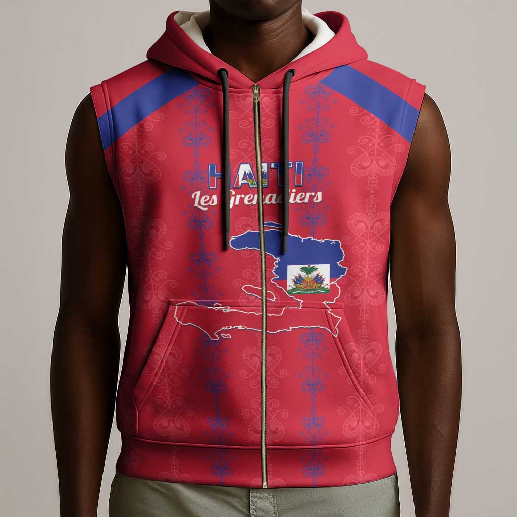 Custom Haiti Football Sleeveless Zip Hoodie Les Grenadiers Veve Vodou Red - African Pride