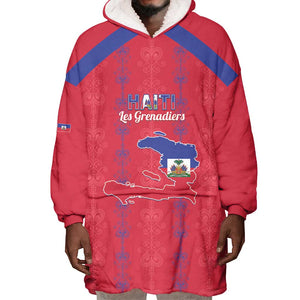 Custom Haiti Football Wearable Blanket Hoodie Les Grenadiers Veve Vodou Red - African Pride