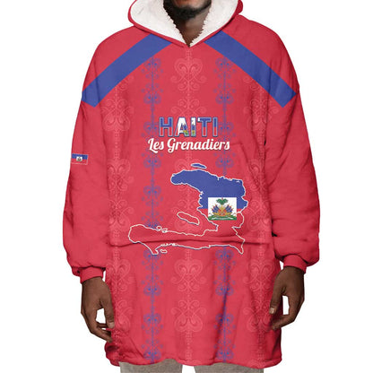 Custom Haiti Football Wearable Blanket Hoodie Les Grenadiers Veve Vodou Red - African Pride