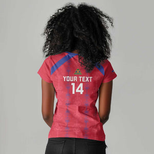 Custom Haiti Football Women V-Neck T-Shirt Les Grenadiers Veve Vodou Red - African Pride