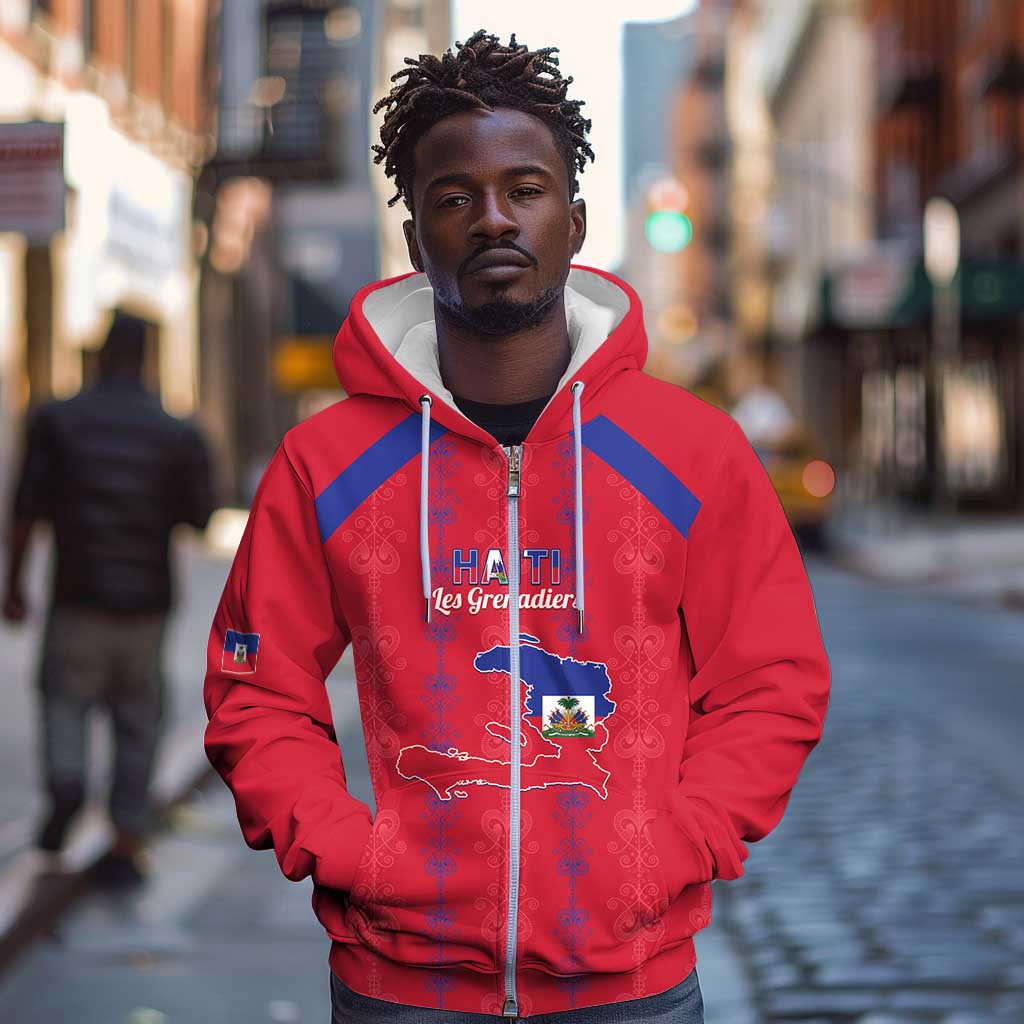 Custom Haiti Football Zip Hoodie Les Grenadiers Veve Vodou Red - African Pride