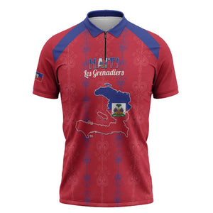 Custom Haiti Football Zipper Polo Shirt Les Grenadiers Veve Vodou Red