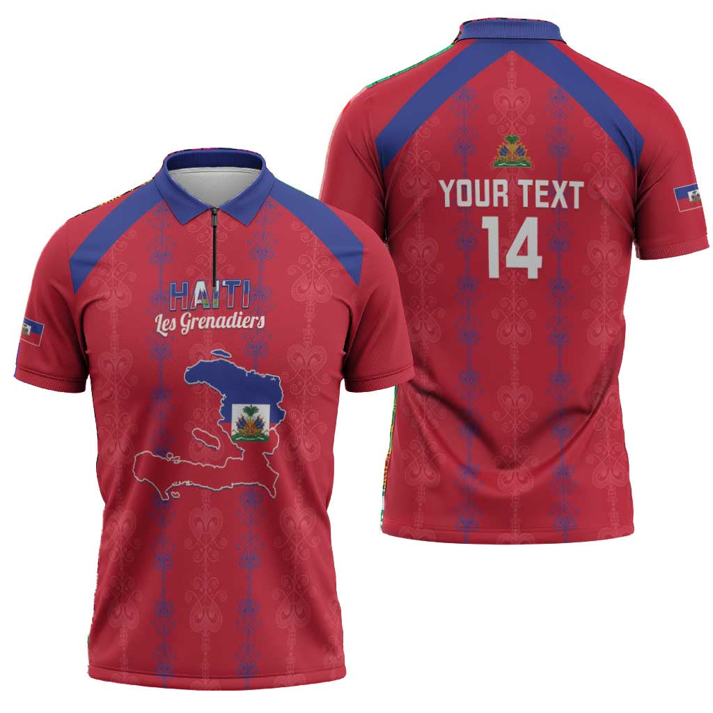 Custom Haiti Football Zipper Polo Shirt Les Grenadiers Veve Vodou Red