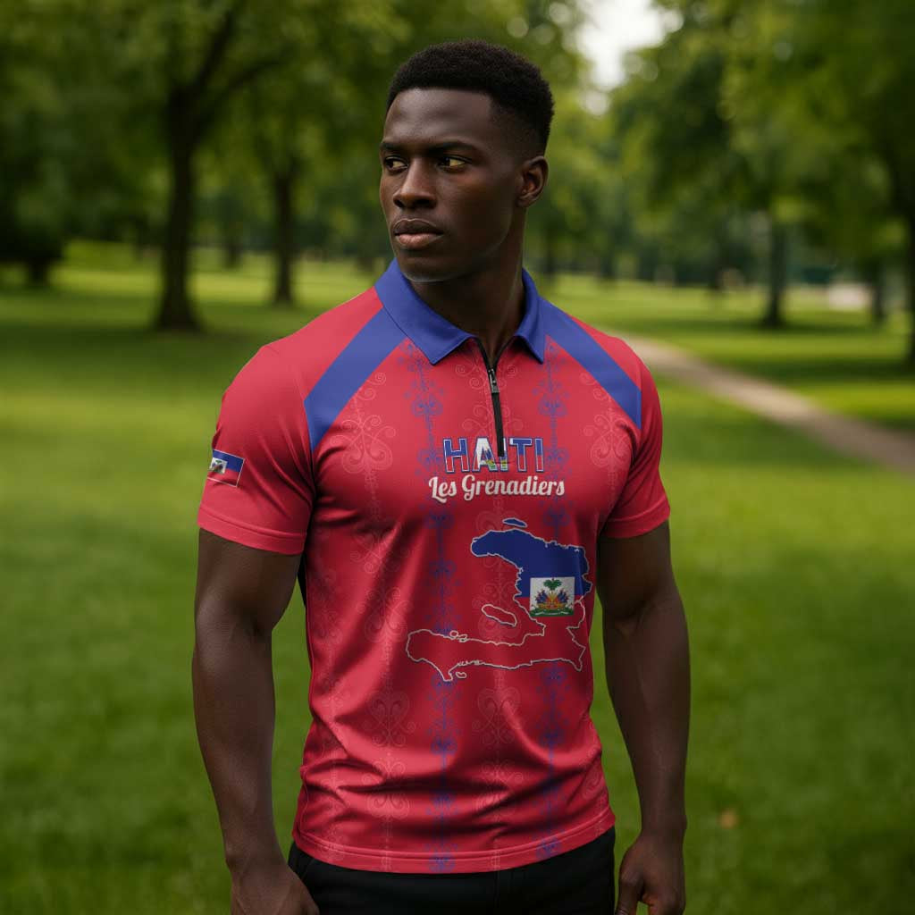 Custom Haiti Football Zipper Polo Shirt Les Grenadiers Veve Vodou Red