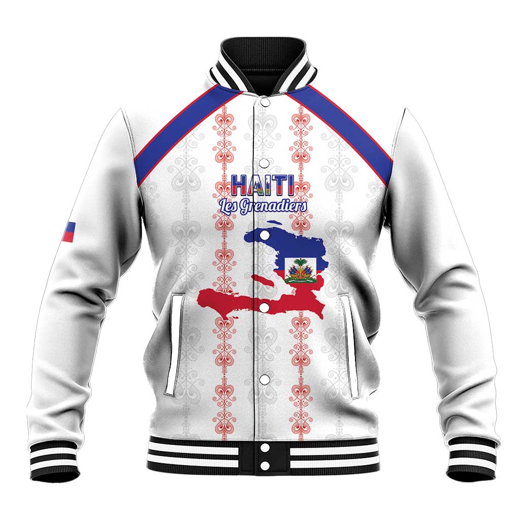 Custom Haiti Football Baseball Jacket Les Grenadiers Veve Vodou White - African Pride