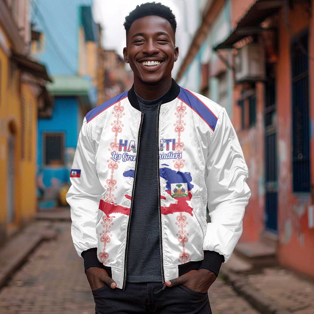Custom Haiti Football Bomber Jacket Les Grenadiers Veve Vodou White - African Pride