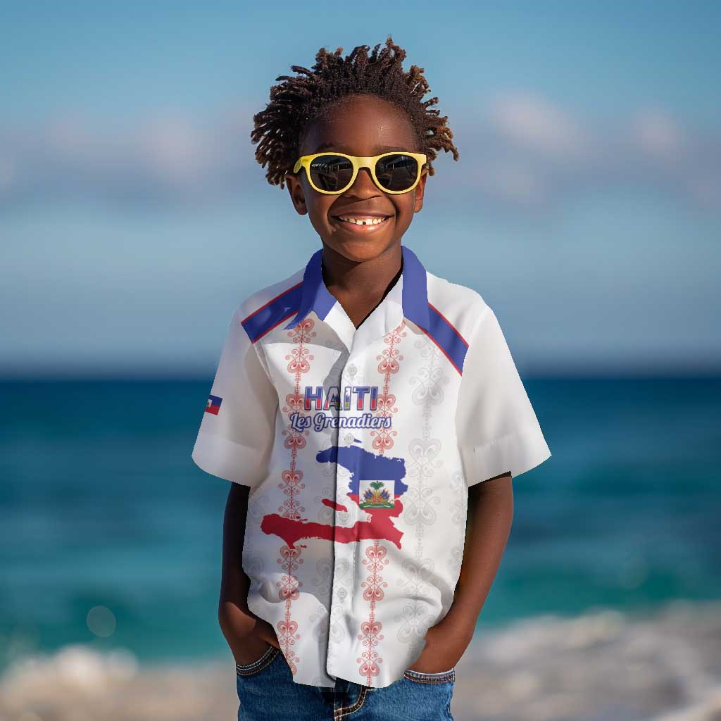 Custom Haiti Football Kid Hawaiian Shirt Les Grenadiers Veve Vodou White - African Pride