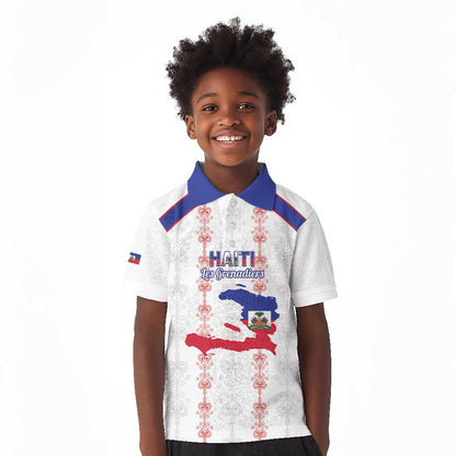 Custom Haiti Football Kid Polo Shirt Les Grenadiers Veve Vodou White - African Pride