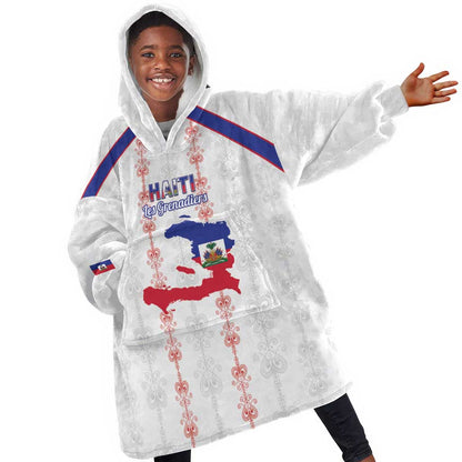 Custom Haiti Football Kid Wearable Blanket Hoodie Les Grenadiers Veve Vodou White - African Pride