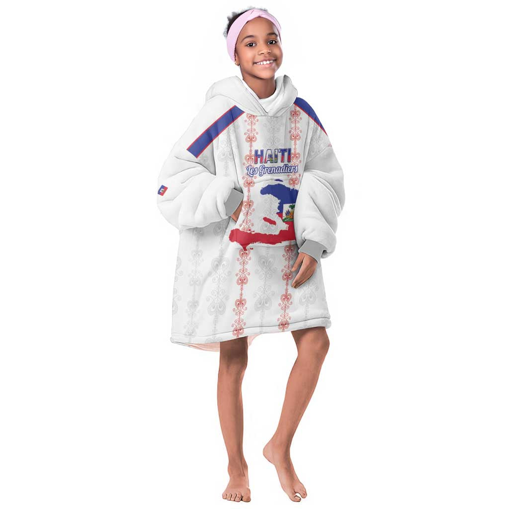 Custom Haiti Football Kid Wearable Blanket Hoodie Les Grenadiers Veve Vodou White - African Pride