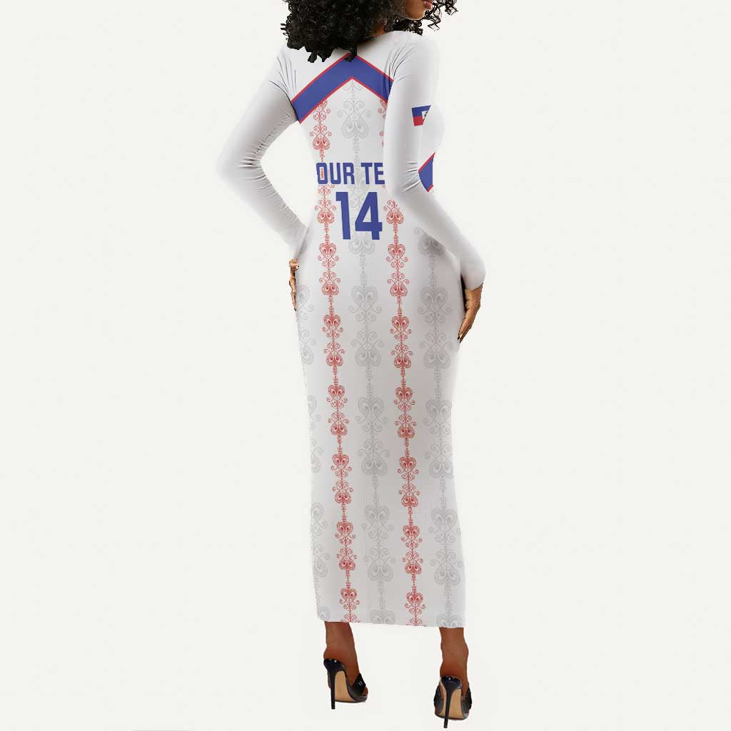 Custom Haiti Football Long Sleeve Bodycon Dress Les Grenadiers Veve Vodou White - African Pride