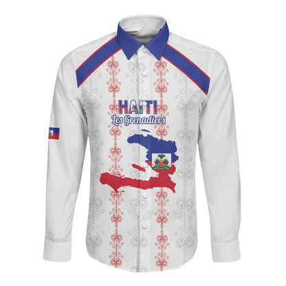 Custom Haiti Football Long Sleeve Button Shirt Les Grenadiers Veve Vodou White - African Pride