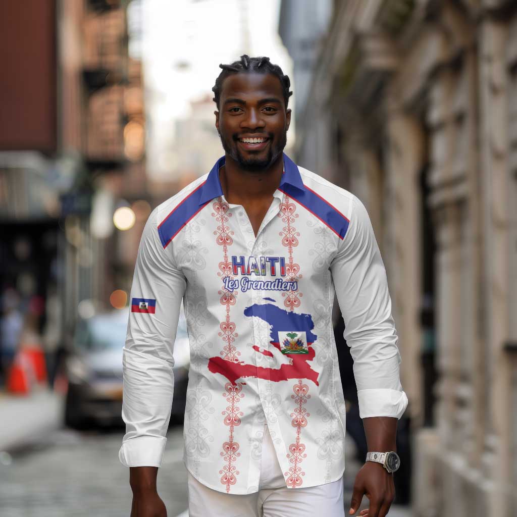 Custom Haiti Football Long Sleeve Button Shirt Les Grenadiers Veve Vodou White - African Pride