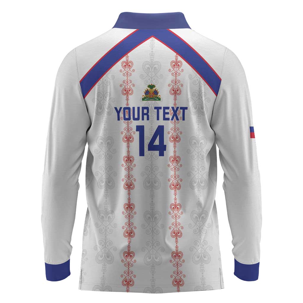 Custom Haiti Football Long Sleeve Polo Shirt Les Grenadiers Veve Vodou White - African Pride