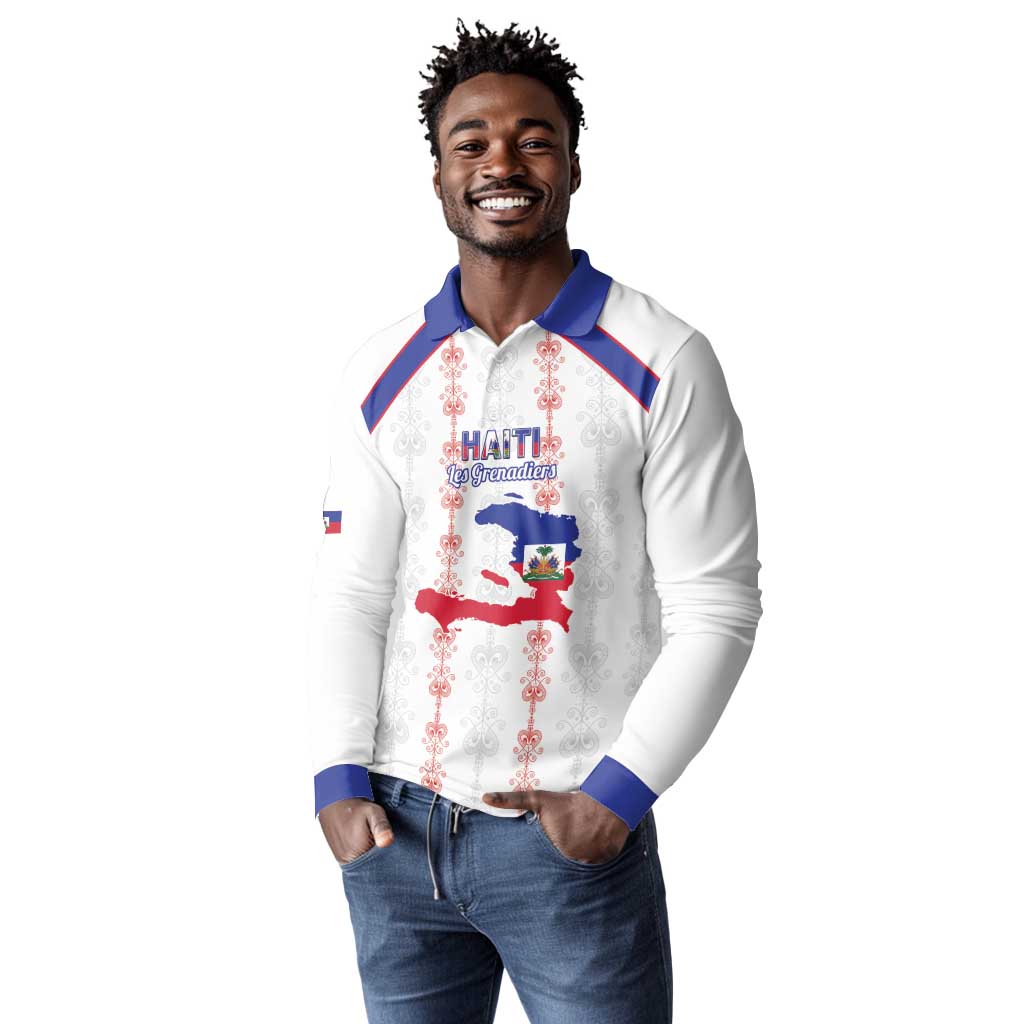 Custom Haiti Football Long Sleeve Polo Shirt Les Grenadiers Veve Vodou White - African Pride