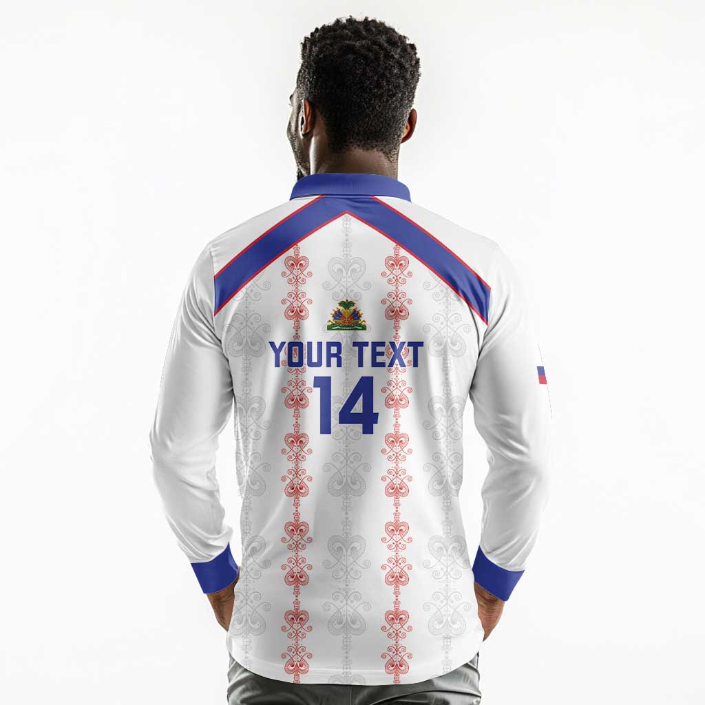 Custom Haiti Football Long Sleeve Polo Shirt Les Grenadiers Veve Vodou White - African Pride
