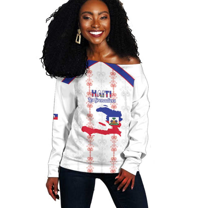 Custom Haiti Football Off Shoulder Sweater Les Grenadiers Veve Vodou White - African Pride