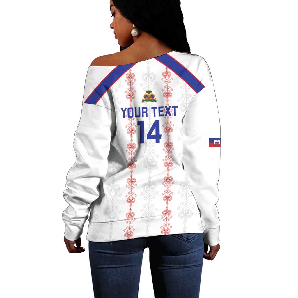 Custom Haiti Football Off Shoulder Sweater Les Grenadiers Veve Vodou White - African Pride