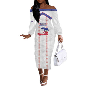 Custom Haiti Football Off The Shoulder Long Sleeve Dress Les Grenadiers Veve Vodou White - African Pride
