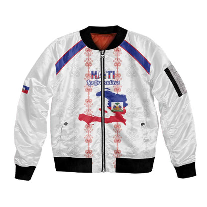 Custom Haiti Football Sleeve Zip Bomber Jacket Les Grenadiers Veve Vodou White - African Pride