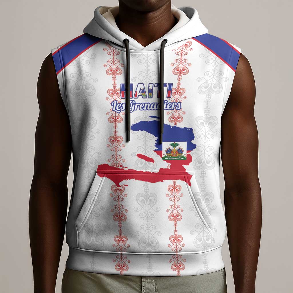 Custom Haiti Football Sleeveless Hoodie Les Grenadiers Veve Vodou White - African Pride